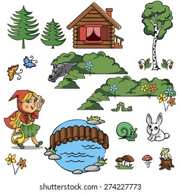 Fairy story. Red Riding Hood. Set of vector illustration. Cartoon style.