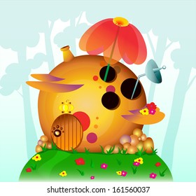 Fairy strange house with flowers. Vector illustration.