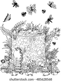 Fairy stump with door and butterflies. Vector illustration. Doodle drawing. Meditative exercise. Coloring book anti stress for adults. Brown and white.