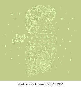 Fairy stylized mushroom house on the green background, exotic house.Vector illustration