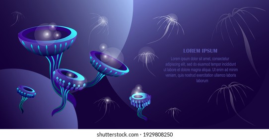 Fairy Supernatural Horizontal Banner with Shiny Fantasy Psylocubin Mushrooms and Sparks,Shining Luminous Spore , Dark Blurred Background.Trance Psychedelic,Toxic Fungal. Alien Game vector illustration