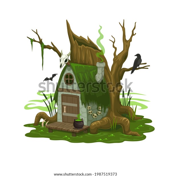 Fairy swamp house or dwelling of wizard or evil.\
Cartoon vector building on wooden stilts in deep bog, fairytale\
shack with cauldron at door, skull on roof, steaming pipe. Isolated\
fantasy home
