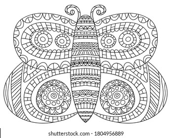 Fairy tail butterfly coloring page stock vector illustration. Decorative detailed butterfly printable coloring book page for kids and adults. Elegance black line colorless illustration.