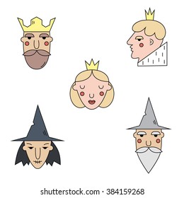Fairy tail characters  icons set. Vector symbols isolated on background. Prince, wizard, king, princess, witch. Flat Vector icons. Characters set.