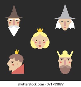 Fairy tail characters  icons set. Vector symbols isolated on background. Prince, wizard, king, princess, witch. Flat Vector icons. 
