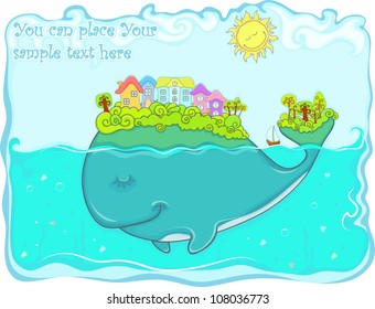 Fairy tail fish (whale) with the houses and trees on his back.