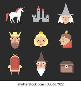 Fairy tail icons set. Vector symbols isolated on background. Prince, wizard, king, unicorn, witch,  armchair, castle. Flat Vector icons.