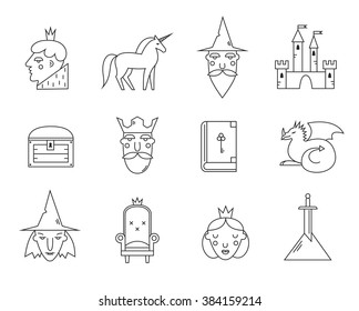 Fairy tail icons set. Vector symbols isolated on white background. Prince, wizard, king, unicorn, witch, dragon, sword, armchair,castle.  