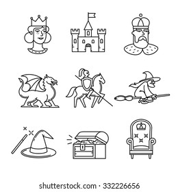 Fairy tail icons thin line art set. Black vector symbols isolated on white.