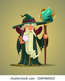 Fairy tail old wizard magician man character holding magic stick. Vector flat cartoon character illustration