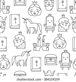 Fairy tail pattern. Vector symbols on white background. Prince, wizard, king, unicorn,  armchair,castle, princess.