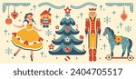 Fairy Tail set of nutcracker. Christmas tree decorations. Isolated vector illustration. Elegant flat style art. Vintage Noel collection of isolated holiday illustrations, stickers. Hand drawn, not AI