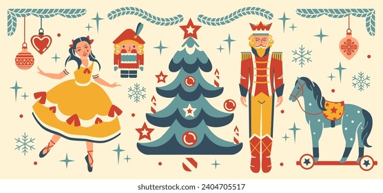 Fairy Tail set of nutcracker. Christmas tree decorations. Isolated vector illustration. Elegant flat style art. Vintage Noel collection of isolated holiday illustrations, stickers. Hand drawn, not AI