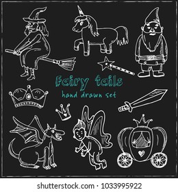 Fairy tails hand drawn doodle set. Sketches. Vector illustration for design and packages product. Symbol collection.