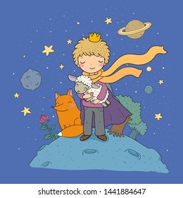 A fairy tale about a boy, a rose, a planet and a fox. prince with a sheep.