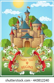 Fairy Tale About Knight Poster With Medieval Castle Green Trees Around On Blue Sky Background Vector Illustration  