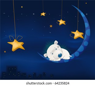 Fairy tale about a small hedgehog, night, the moon and a city