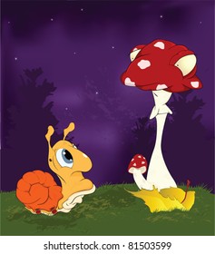 Fairy tale about a snail and a mushroom a fly agaric.Cartoon