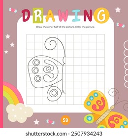 Fairy tale activities for kids. Finish the picture – butterfly. Logic games for children. Square Coloring page. Vector illustration. Game learn the principles of symmetry.