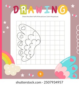 Fairy tale activities for kids. Finish the picture – wing of unicorn. Logic games for children. Square Coloring page. Vector illustration. Game learn the principles of symmetry.