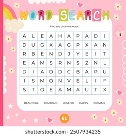 Fairy tale activities for kids. Word search game. Find the hidden words. Fillword for children. Vector illustration. Book square format. Game to boost reading skills.