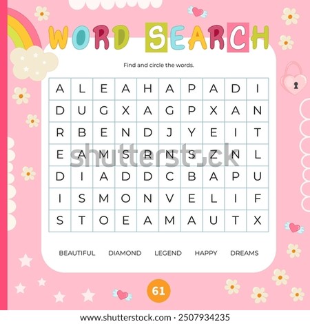 Fairy tale activities for kids. Word search game. Find the hidden words. Fillword for children. Vector illustration. Book square format. Game to boost reading skills.