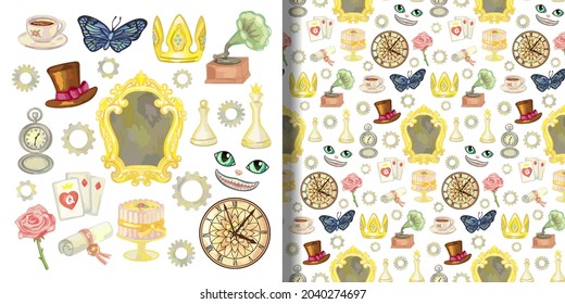 Fairy Tale Alice through the looking glass set and seamless pattern