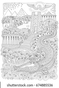 Fairy tale ancient Egypt landscape. Fantasy crocodile, temple, palm tree, garden, river, blooming lotus, pyramid. T-shirt  print. Coloring book page for children and adults. Black and white doodle