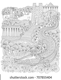 Fairy tale ancient Egypt landscape. Fantasy crocodile, temple, palm tree, garden, river, blooming lotus.T-shirt  print. Coloring book page for children and adults. Black and white doodle, album cover