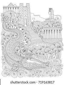 Fairy tale ancient Egypt landscape. Fantasy crocodile, temple, palm tree, garden, river, blooming lotus.T-shirt  print. Coloring book page for children and adults. Black and white doodle, album cover