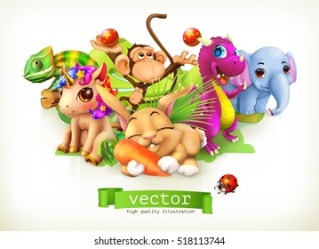 Fairy tale animals. Happy bunny, rabbit, cute unicorn, small dragon, baby elephant, monkey, chameleon. 3d vector