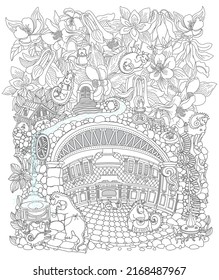 Fairy tale aquilegia flowers and underground Dragon beast family apartment in the old medieval cave Kitchen. Adults coloring book page