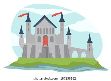 Fairy tale architecture or medieval sight. Isolated fortress with tall towers and flags of kingdom. Mansion or dwelling of queen and king. Fortification made of rough stone. Vector in flat style