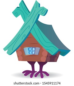 Fairy tale Baba Yaga house. Cartoon cute hut on chicken legs isolated on white background. Russian izba.