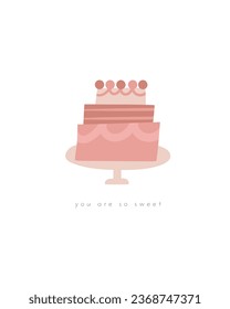 Fairy tale baby shower birthday postcard with cute hand drawn doodle cake. Magical cover, page, template, banner, poster, print. Background for kids