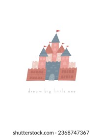 Fairy tale baby shower postcard with cute hand drawn doodle castle. Magical cover, page, template, banner, poster, print. Mythology enchanted background for kids