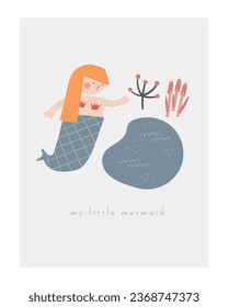 Fairy tale baby shower postcard with cute hand drawn doodle mermaid, lake, water plants. Magical cover, page, template, poster, print with nature elements. Mythology enchanted background for kids