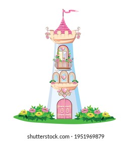 Fairy tale background with the castle of the beautiful princess. Castle with pink flags, precious hearts, roofs, towers and gates in a beautiful landscape. Vector illustration for a fairy tale.