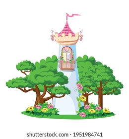 Fairy tale background with the castle of the beautiful princess. Castle with pink flags, precious hearts, roofs, towers and gates in a beautiful landscape. Vector illustration for a fairy tale.