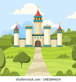 Fairy tale background with castle. Majestic building palace with towers vector medieval castle on green field
