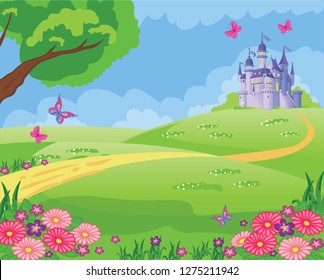 Fairy tale background with flower meadow, Princess's castle and butterflies. Wonderland. Cartoon, children's illustration. Fabulous landscape. Beautiful Park or garden. Vector.