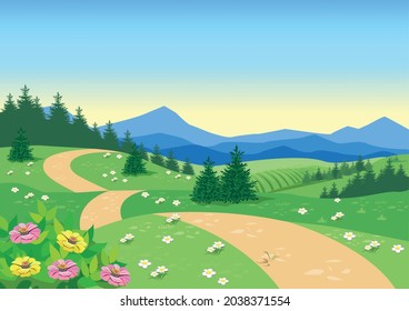 Fairy tale background with path, hills, meadows, forest and mountains in cartoon style. Vector illustration.
