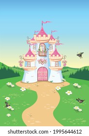 Fairy tale background with princess castle in the forest. Castle with pink flags, precious hearts, roofs, towers and gates in a beautiful landscape. Vector illustration for a fairy tale.