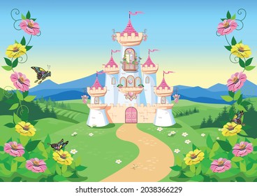 Fairy tale background with princess castle in the forest. Castle with pink flags, precious hearts, roofs, towers and gates in a beautiful landscape. Vector illustration for a fairy tale.