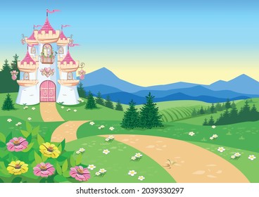 Fondo de cuento de hadas con castillo de princesa en el bosque. Castillo con banderas rosas, corazones preciosos, techos, torres y puertas en un hermoso paisaje. Ilustración vectorial para un cuento de hadas.