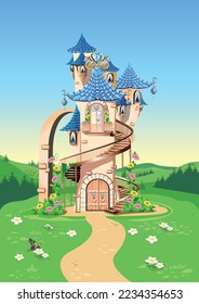 Fairy tale background with princess castle in the forest. Castle with blue precious hearts, roofs, towers and gates in a beautiful landscape. Vector illustration for a fairy tale.