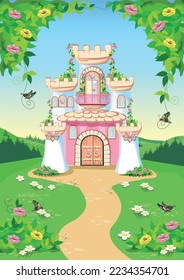 Fondo de cuento de hadas con castillo de princesa en el bosque. Castillo con banderas rosas, corazones preciosos, techos, torres y puertas en un hermoso paisaje. Ilustración vectorial para un cuento de hadas.