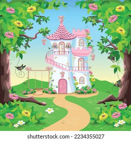 Fairy tale background with princess castle in the forest. Castle with pink flags, precious hearts, roofs, towers and gates in a beautiful landscape. Vector illustration for a fairy tale.