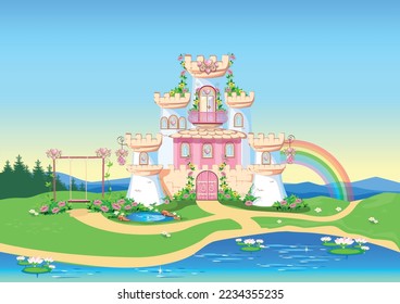 Fairy tale background with princess castle in the forest. Castle with pink flags, precious hearts, roofs, towers and gates in a beautiful landscape. Vector illustration for a fairy tale.