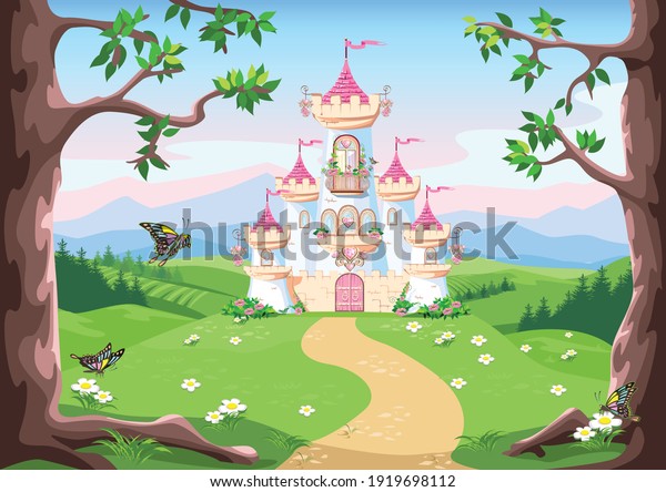 Fairy\
tale background with princess castle in the forest. Castle with\
pink flags, precious hearts, roofs, towers and gates in a beautiful\
landscape. Vector illustration for a fairy\
tale.